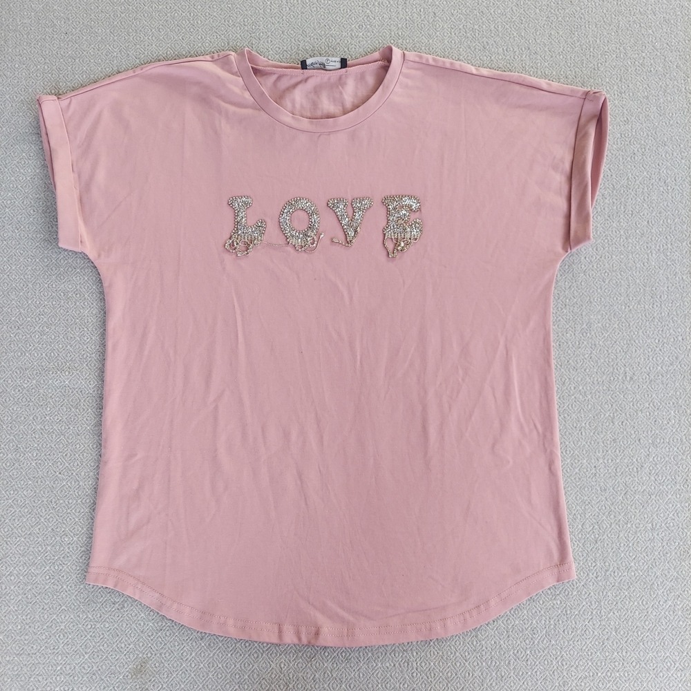 On Twelfth T Shirt Womens Large Pink LOVE Rhinestone Graphic Cuffed‎ Sleeve Tee